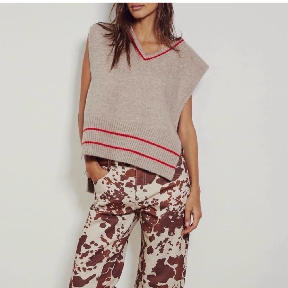 NWOT Free People, All Star Poncho Knit Sweater Vest in Tan/Red, One Size